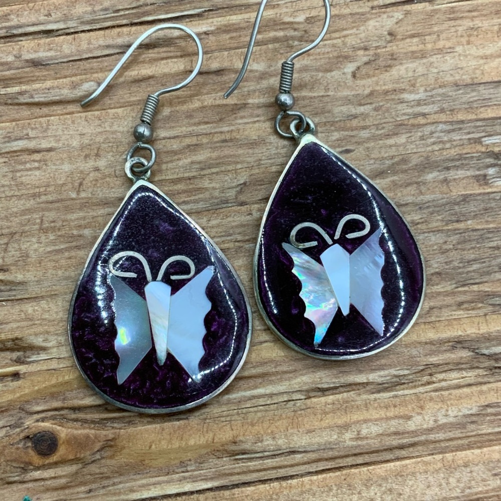 Alpaca Mexico Vintage Silver Inlay Mother of Pearl Butterfly Drop Earrings